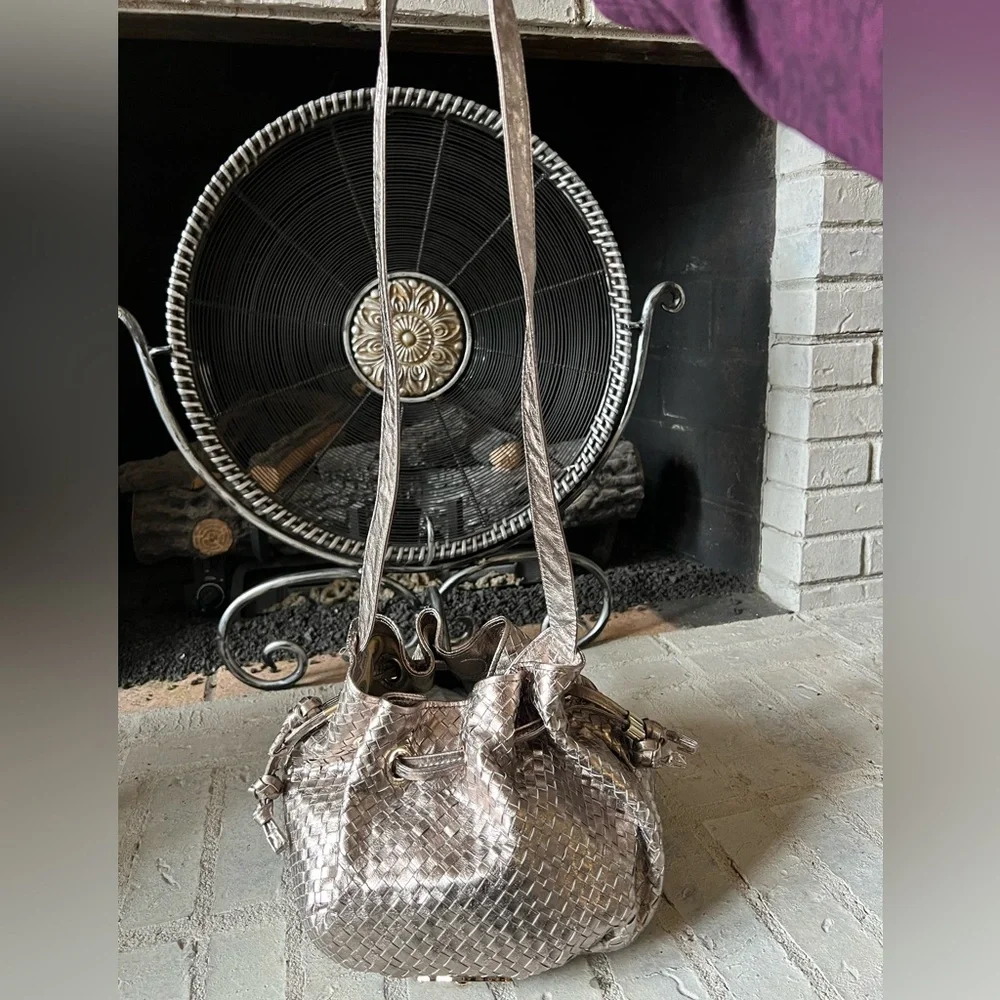 Elliott Lucca Aruba Metallic Woven Leather Hobo bag in Gold 13” x 9” x 9”